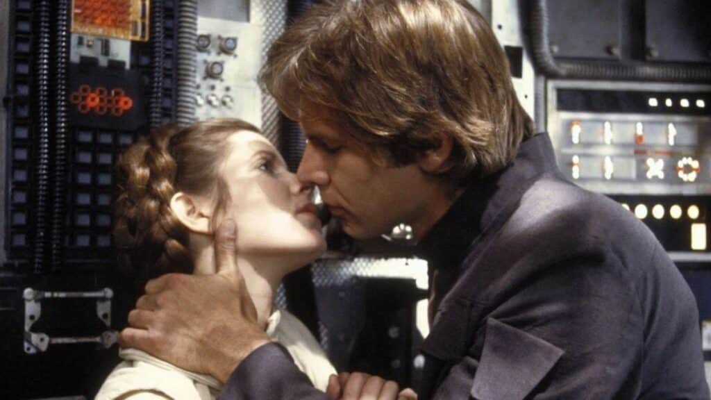 Han Solo (Harrison Ford) and Princess Leia (Carrie Fisher) in Star Wars: The Empire Strikes Back (1980).